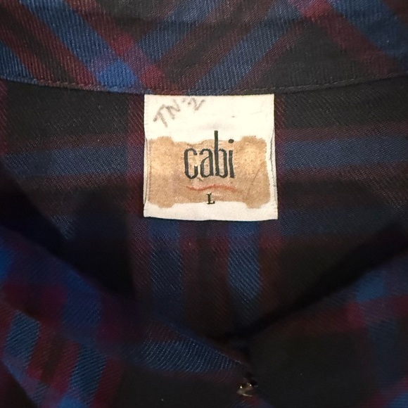 CAbi Moody Plaid Peplum Button Down Top Large Blue Black - Picture 7 of 10